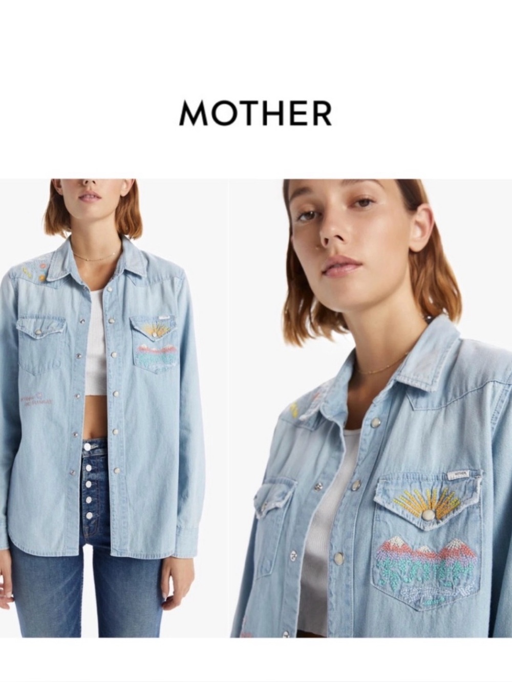 MOTHER All My Exes in No Rain, No Flowers Denim Button-Down Top